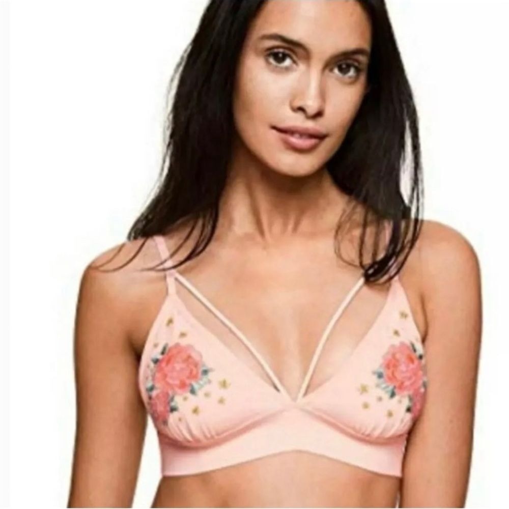 PINK Victoria's Secret Bralette Sz Small Peach Floral Embroidered Star Mesh NEW